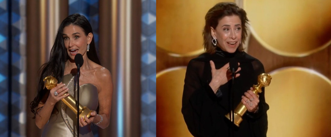 Demi Moore e Fernanda Torres com seus prêmios no Globo de Ouro